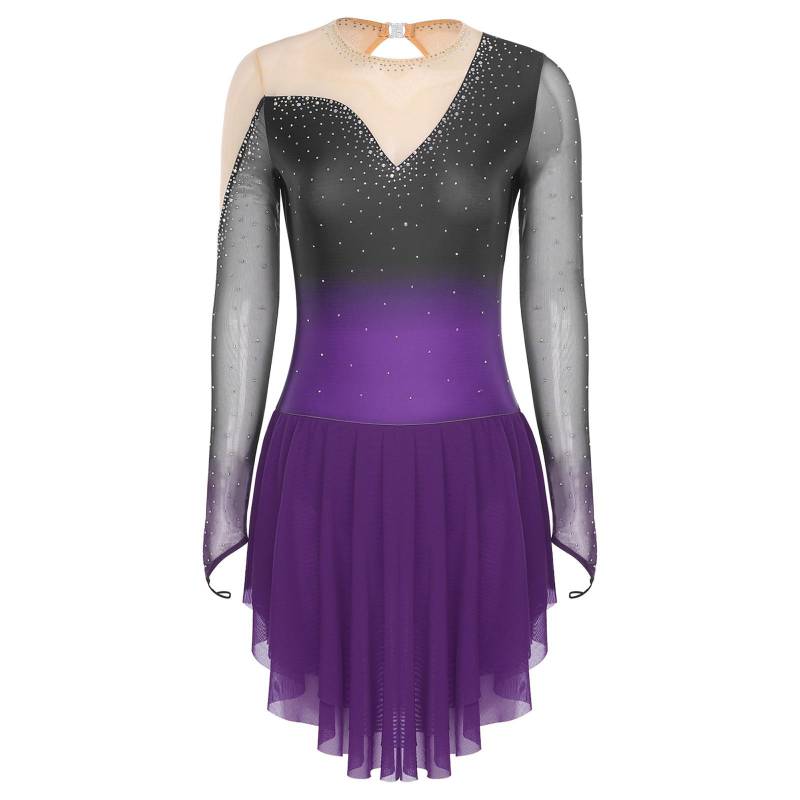 Damen Eiskunstlaufkleid Glitzernder Mesh-Patchwork Eingebauter Slip Farbverlaufsdesign Gymnastik Tanzaufführungskleid M violett von Joom DACH