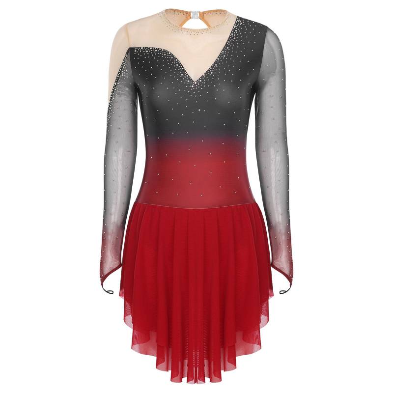 Damen Eiskunstlaufkleid Glitzernder Mesh-Patchwork Eingebauter Slip Farbverlaufsdesign Gymnastik Tanzaufführungskleid S bordeaux von Joom DACH