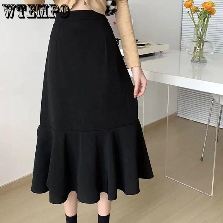 Damen Elegant Einfarbig Mittellang Fishtail Rock Frühling Mode Hohe Taille Skinny A-Linie Rüschen Halbkörperrock XXXXL schwarz von Joom DACH