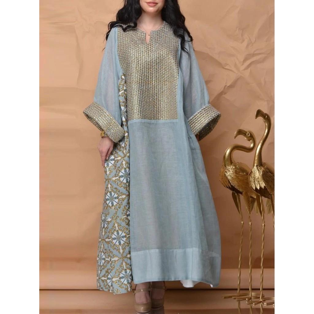 Damen Elegant V-Ausschnitt Langarm Print Kaftan Naher Osten Braut Brautjungfern Hochzeit Langes Kleid Wunderschöne Party Midi Ballkleider XXXL blau von Joom DACH