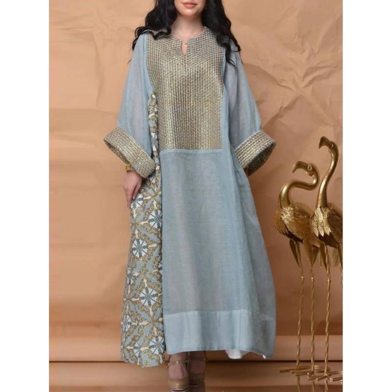 Damen Elegant V-Ausschnitt Langarm Print Kaftan Naher Osten Braut Brautjungfern Hochzeit Langes Kleid Wunderschöne Party Midi Ballkleider XXXL blau von Joom DACH