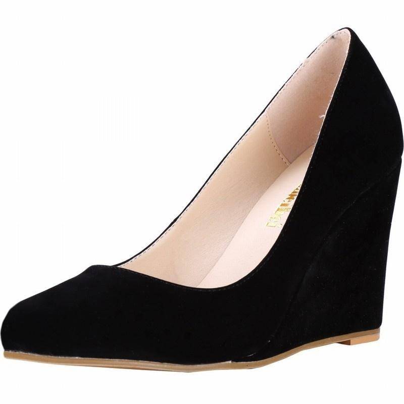Damen Elegante Pumps Samt Leder Keilabsatz Plateau High Heels Court Hochzeit Freizeitschuhe Schuh 38 schwarz von Joom DACH
