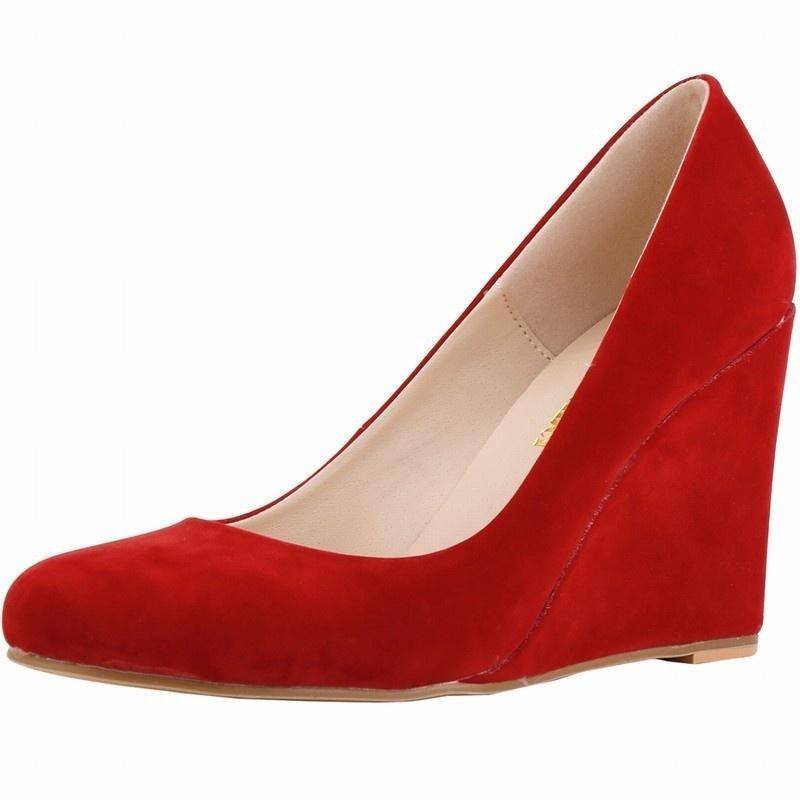 Damen Elegante Pumps Samt Leder Keilabsatz Plateau High Heels Court Hochzeit Freizeitschuhe Schuh 38 rot von Joom DACH