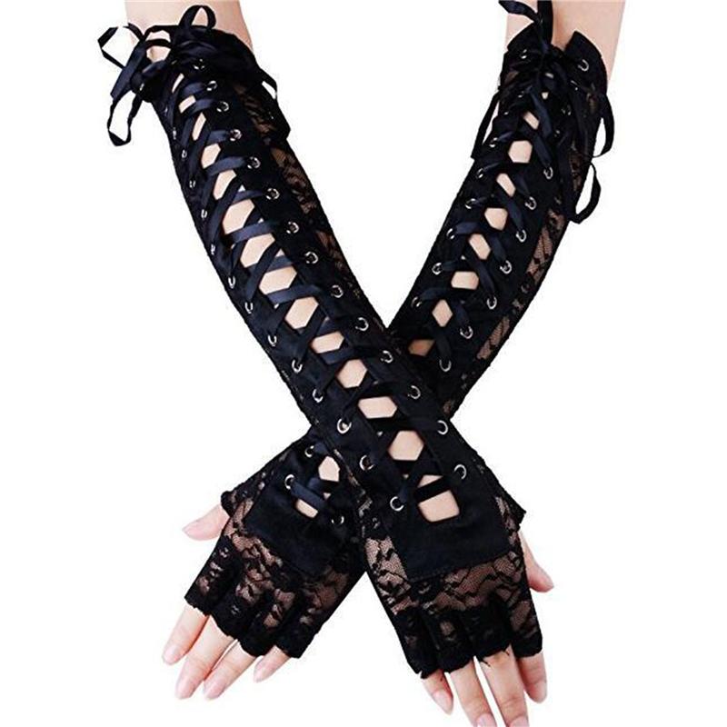 Damen Ellenbogenlange Punk Fingerlose Armwärmer Goth Schwarz Cosplay Zubehör Fishnet Mesh Party SPITZE Handschuhe 2 von Joom DACH