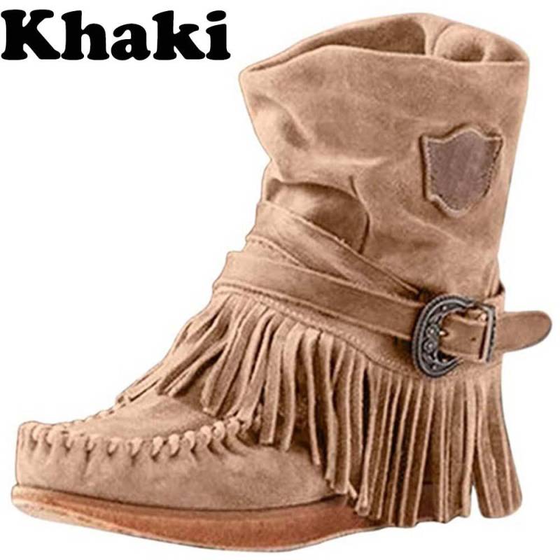 Damen Fahion Winter Round Head Flache Heels Fransen Stiefeletten Damen Retro Wildleder Leder Kurze Röhre Dicke Quaste Knöchel Schnee Booties Plus Größe 35-43 39 khaki von Joom DACH
