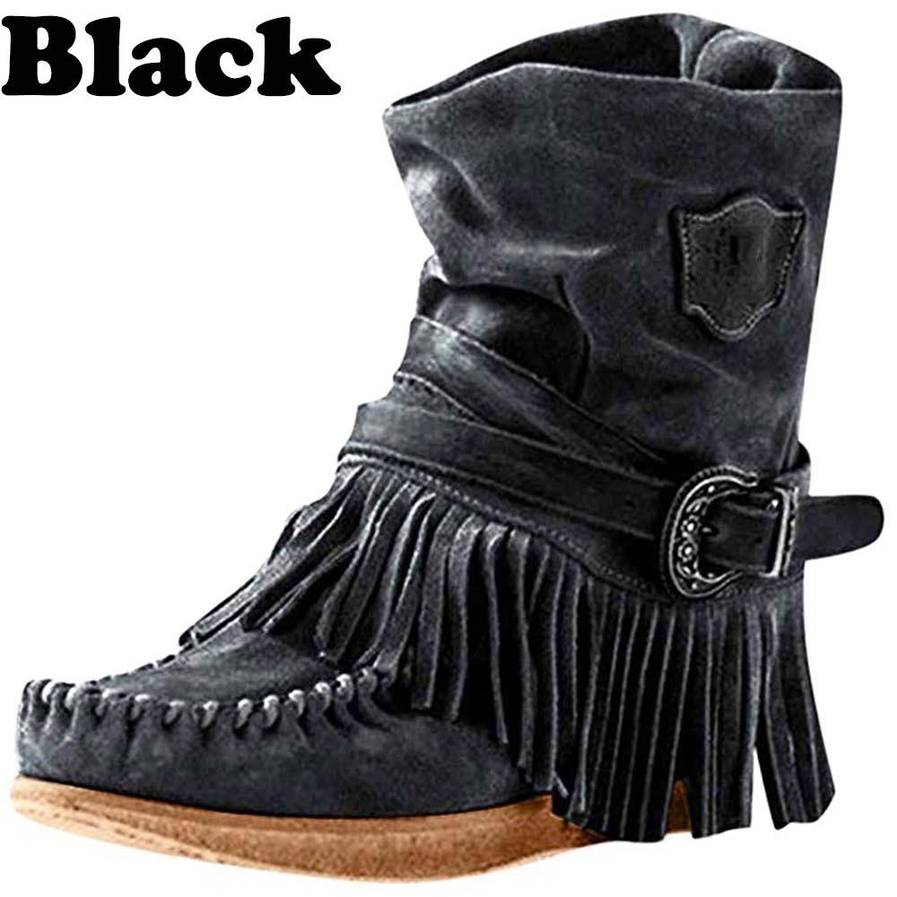 Damen Fahion Winter Round Head Flache Heels Fransen Stiefeletten Damen Retro Wildleder Leder Kurze Röhre Dicke Quaste Knöchel Schnee Booties Plus Größe 35-43 40 schwarz von Joom DACH