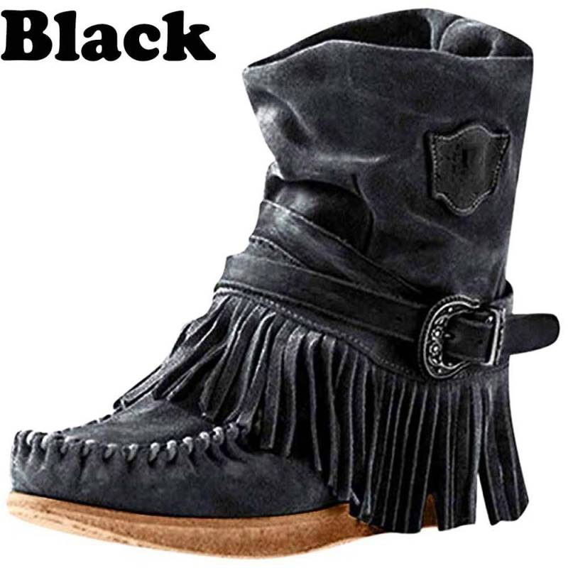 Damen Fahion Winter Round Head Flache Heels Fransen Stiefeletten Damen Retro Wildleder Leder Kurze Röhre Dicke Quaste Knöchel Schnee Booties Plus Größe 35-43 43 schwarz von Joom DACH