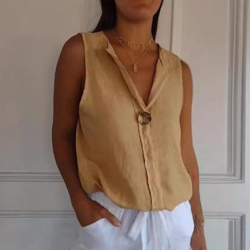 Damen Fake Cardigan Bluse V-Ausschnitt Baumwolle Leinen Ärmellos Freizeithemd XXXL von Joom DACH