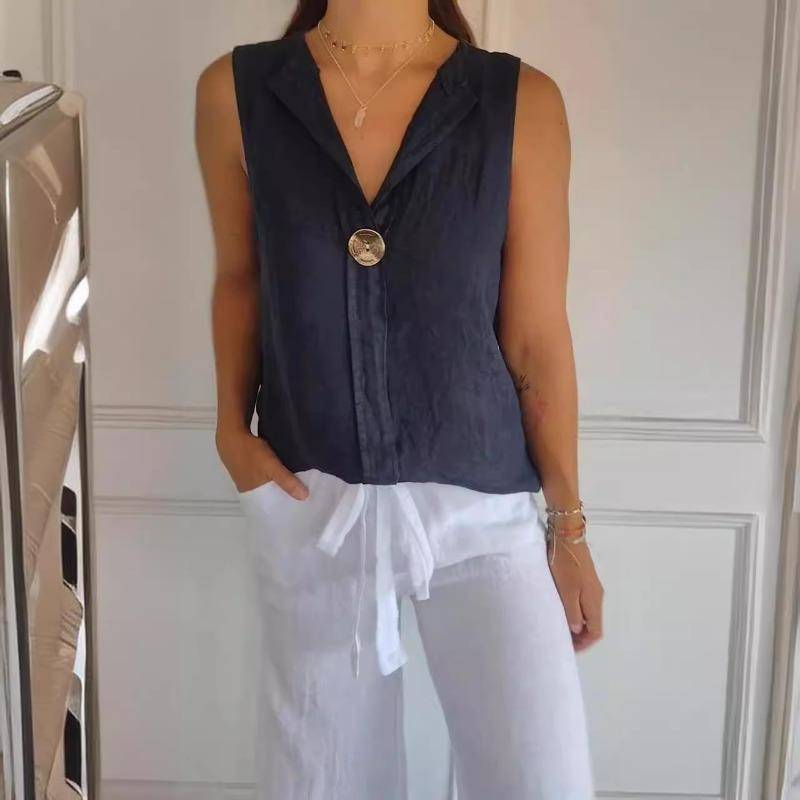 Damen Fake Cardigan Bluse V-Ausschnitt Baumwolle Leinen Ärmellos Freizeithemd XXXL von Joom DACH