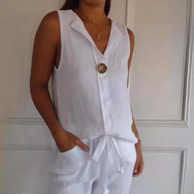 Damen Fake Cardigan Bluse V-Ausschnitt Baumwolle Leinen Ärmellos Freizeithemd XXXL weiß von Joom DACH