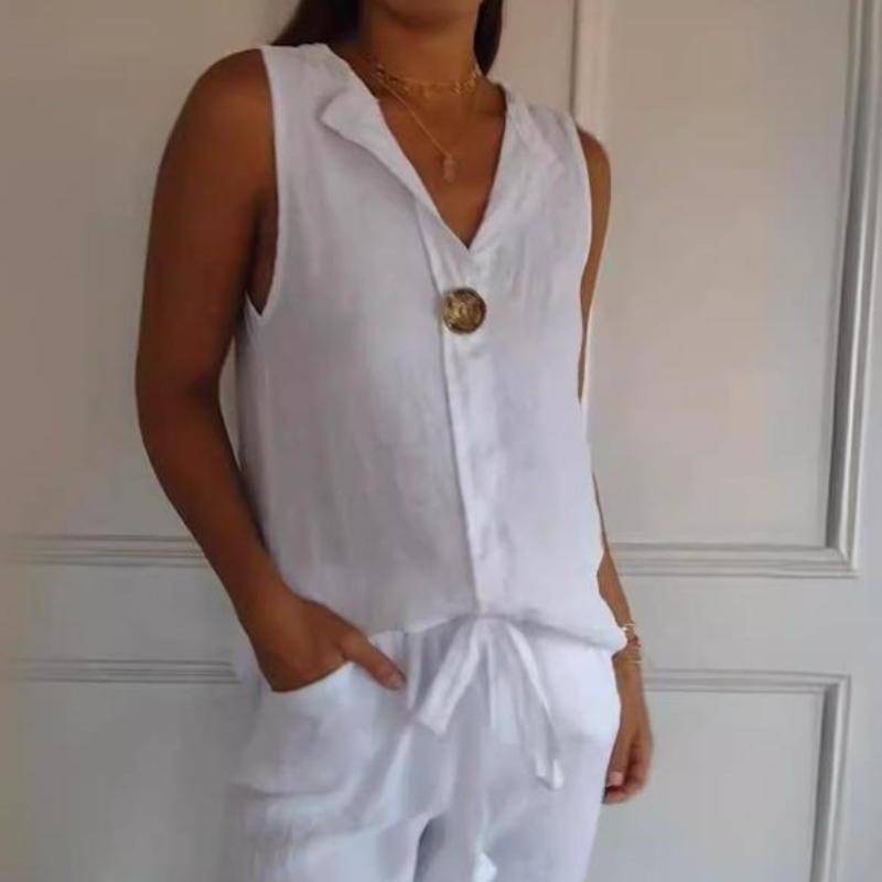 Damen Fake Cardigan Bluse V-Ausschnitt Baumwolle Leinen Ärmellos Freizeithemd XXXL weiß von Joom DACH