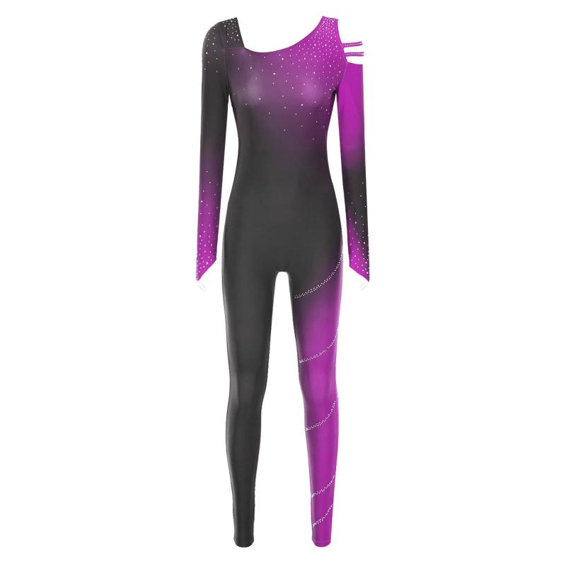 Damen Farbverlauf Body Glitzernder Strassbesetzter Jumpsuit Unitard Gymnastik Eiskunstlauf Performance S violett von Joom DACH