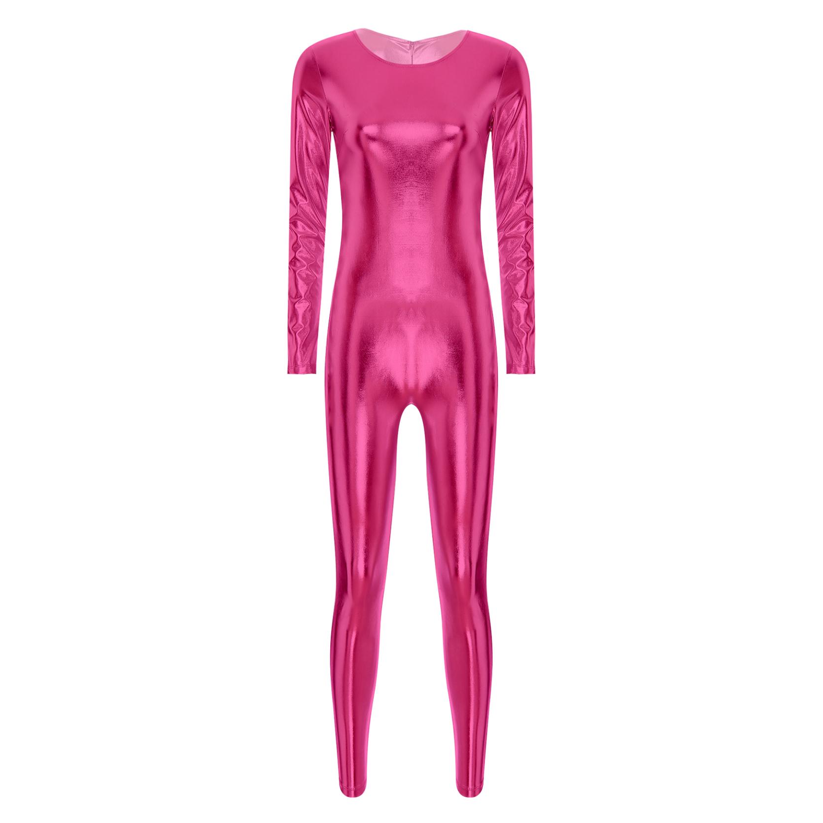 Damen-Festival-Overall mit metallischem Rundhalsausschnitt und langen Ärmeln, einteiliger Ganzkörper-Bodysuit 3XL heißes rosa von Joom DACH