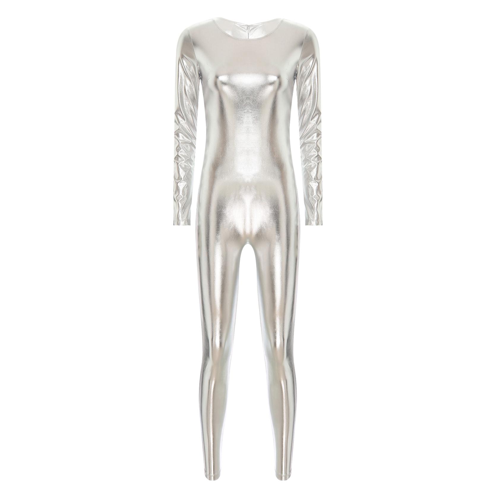 Damen-Festival-Overall mit metallischem Rundhalsausschnitt und langen Ärmeln, einteiliger Ganzkörper-Bodysuit L silber von Joom DACH