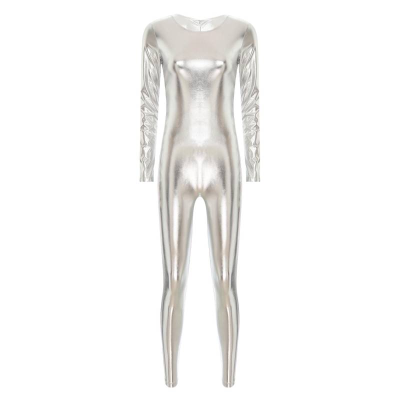 Damen-Festival-Overall mit metallischem Rundhalsausschnitt und langen Ärmeln, einteiliger Ganzkörper-Bodysuit L silber von Joom DACH