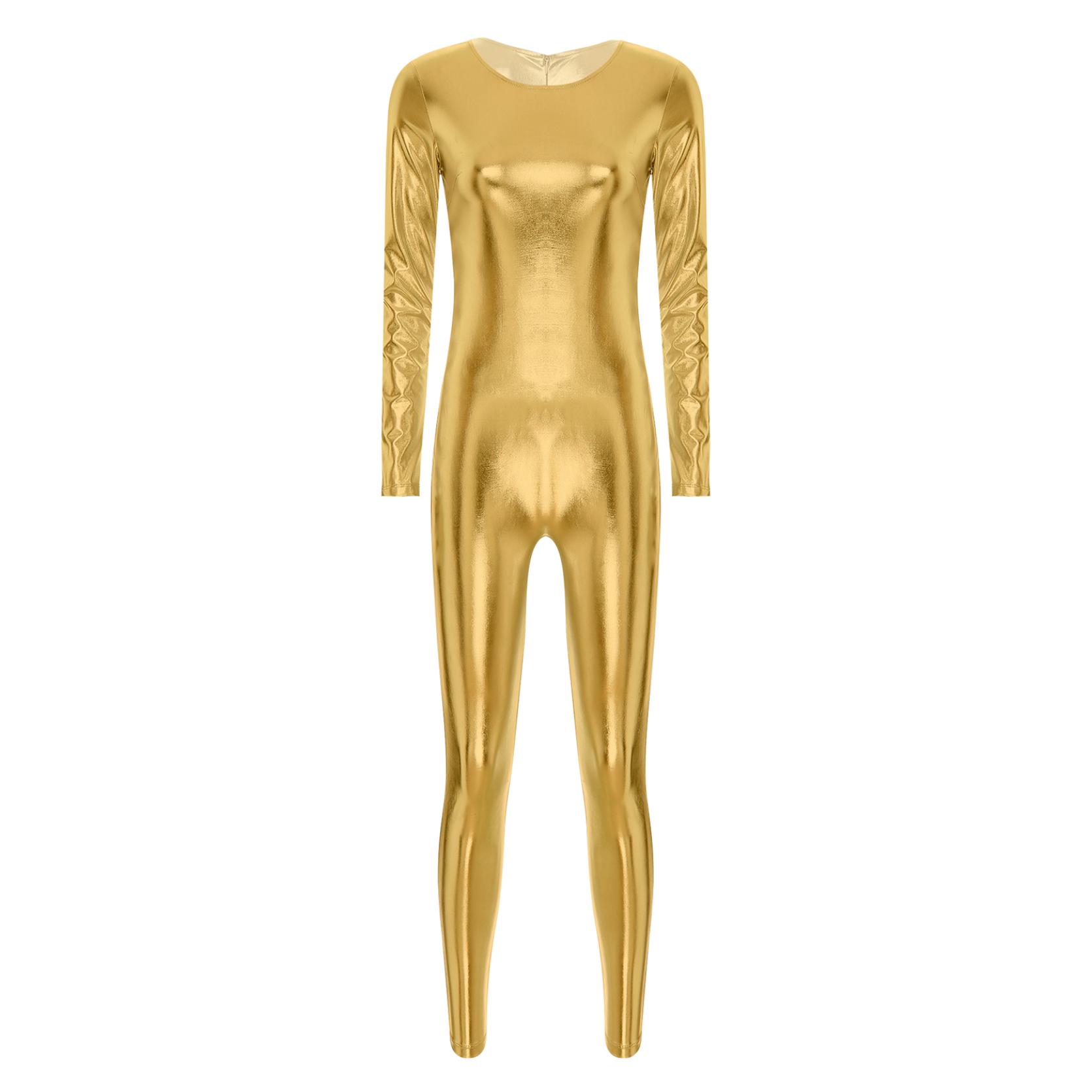Damen-Festival-Overall mit metallischem Rundhalsausschnitt und langen Ärmeln, einteiliger Ganzkörper-Bodysuit M gold von Joom DACH