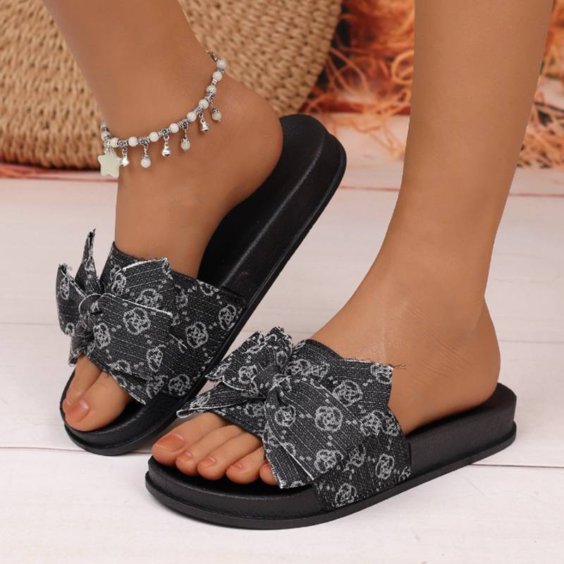 Damen Flache Sandalen Polka Bestickte Schleife Slipper Sommer Zehenfrei Flip Flops Komfort Pantoletten Strand 36 schwarz von Joom DACH