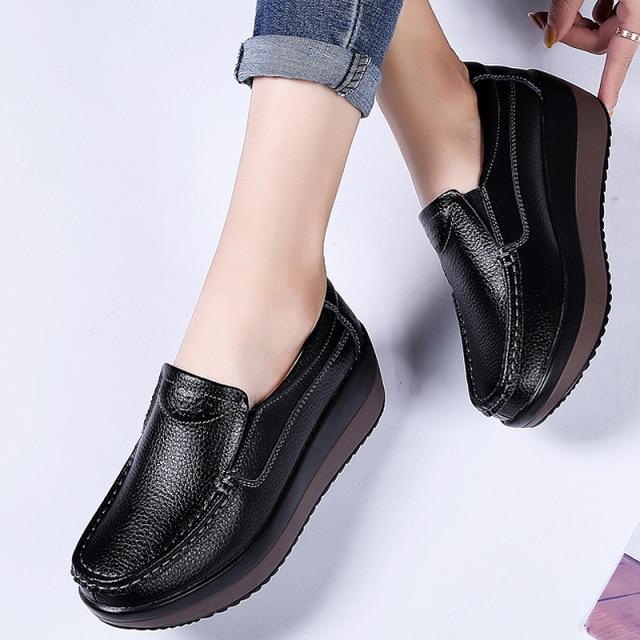 Damen Flache Schuhe Aus Echtem Leder, Elegante Schuhe Aus Echtem Leder, Herbst, Slip-On Casual Flache Schuhe, Damen Zapatos De Mujer 36 schwarz von Joom DACH