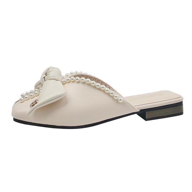 Damen Flache Schuhe Perlen Hausschuhe Neuer Trend Frühling Schleife Sandalen Lässige Damen Slingback Flip Flops Square Toe Slides Femme 35 beige von Joom DACH