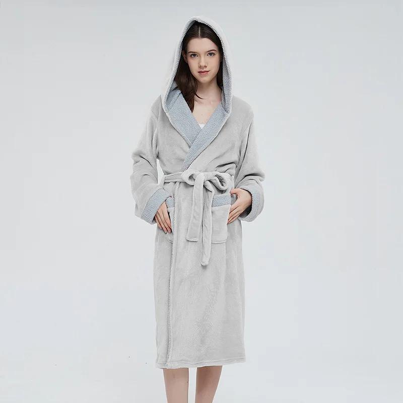 Damen Flanell Lange Robe Lockerer Bademantel Mit Kapuze Kimono Kleid Herbst Winter Neue Nachtwäsche Verdicktes Lässiges Nachthemd Loungewear 2XL grau von Joom DACH