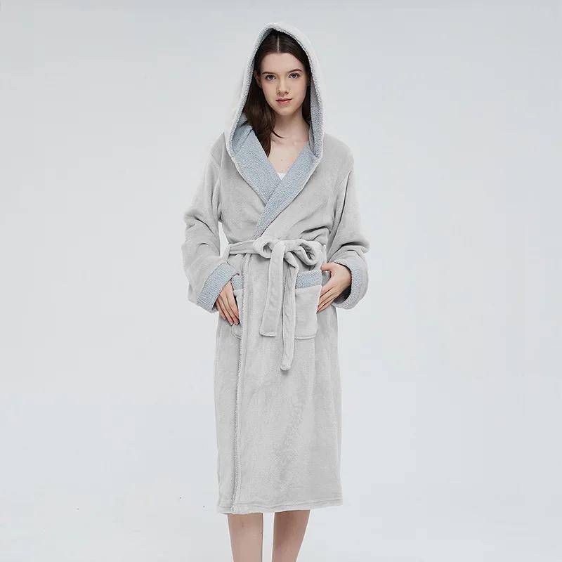 Damen Flanell Lange Robe Lockerer Bademantel Mit Kapuze Kimono Kleid Herbst Winter Neue Nachtwäsche Verdicktes Lässiges Nachthemd Loungewear 2XL grau von Joom DACH