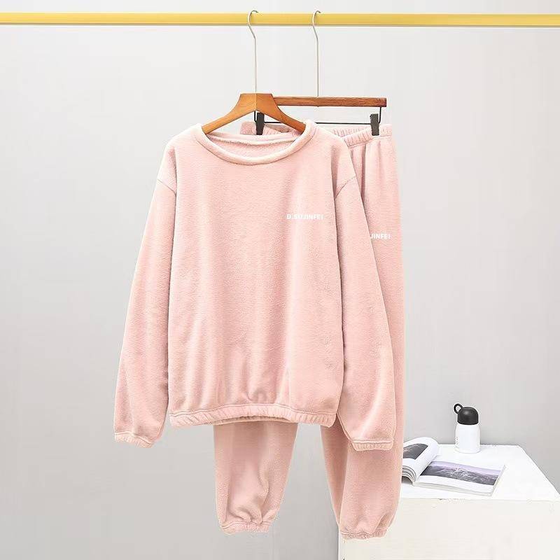 Damen Flanell Warm Home Nachtwäsche Sets Einfarbig Rundhals Fleece Dicker Pullover Lady Pyjama Langarm Hosen Casual 2Pcs 3XL rosa von Joom DACH
