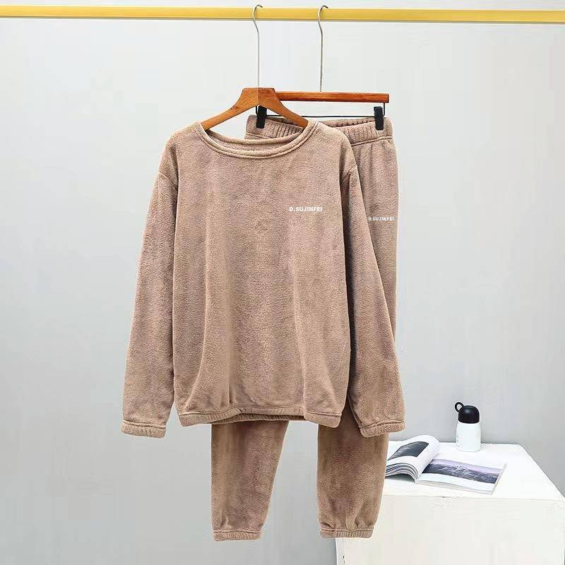 Damen Flanell Warm Home Nachtwäsche Sets Einfarbig Rundhals Fleece Dicker Pullover Lady Pyjama Langarm Hosen Casual 2Pcs 3XL von Joom DACH