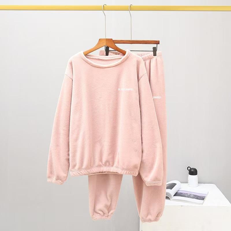 Damen Flanell Warm Home Nachtwäsche Sets Einfarbig Rundhals Fleece Dicker Pullover Lady Pyjama Langarm Hosen Casual 2Pcs 5XL rosa von Joom DACH