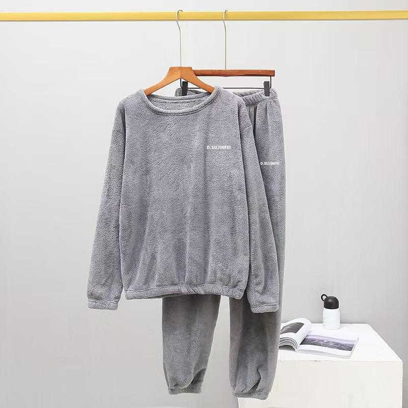 Damen Flanell Warm Home Nachtwäsche Sets Einfarbig Rundhals Fleece Dicker Pullover Lady Pyjama Langarm Hosen Casual 2Pcs L von Joom DACH