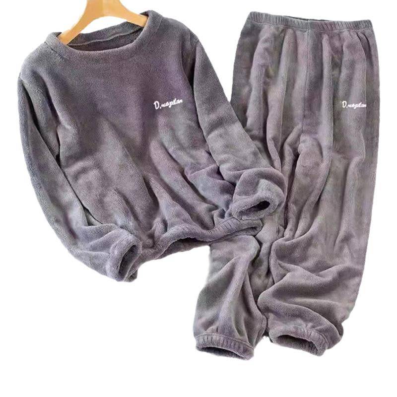 Damen Flanell Warm Home Nachtwäsche Sets Einfarbig Rundhals Fleece Dicker Pullover Lady Pyjama Langarm Hosen Casual 2Pcs XXXXXL grau von Joom DACH