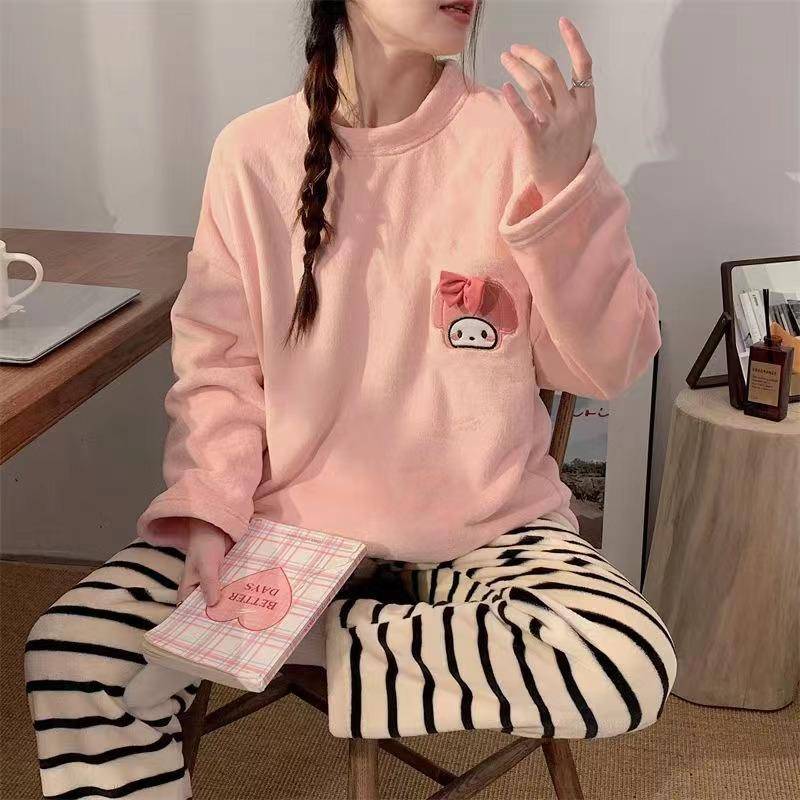 Damen Flanell- und Korallenvlies-Plaid-Pyjama-Set - Warme und weiche Nachtwäsche für Herbst/Winter M schwarz von Joom DACH