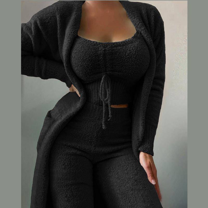 Damen Fleece 3-teilig Teddy Loungewear Spaghettiträger Crop Tank Weite Lange Hosen Flauschiger Kimono Gemütliches Pyjama-Set Damen Hosenanzug 3XL schwarz von Joom DACH