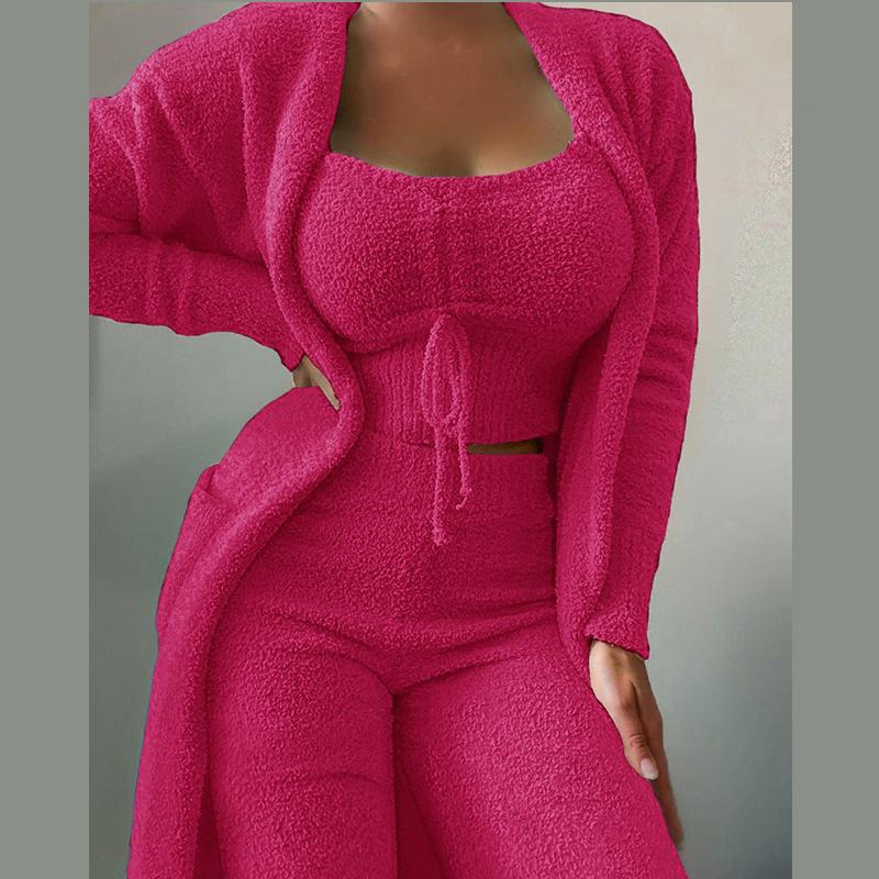Damen Fleece 3-teilig Teddy Loungewear Spaghettiträger Crop Tank Weite Lange Hosen Flauschiger Kimono Gemütliches Pyjama-Set Damen Hosenanzug L rose rot von Joom DACH