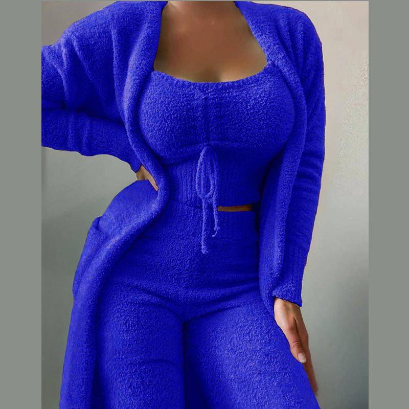 Damen Fleece 3-teilig Teddy Loungewear Spaghettiträger Crop Tank Weite Lange Hosen Flauschiger Kimono Gemütliches Pyjama-Set Damen Hosenanzug L blau von Joom DACH