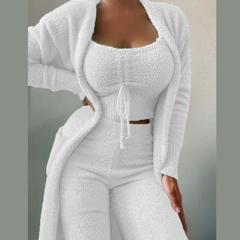 Damen Fleece 3-teilig Teddy Loungewear Spaghettiträger Crop Tank Weite Lange Hosen Flauschiger Kimono Gemütliches Pyjama-Set Damen Hosenanzug L weiß von Joom DACH