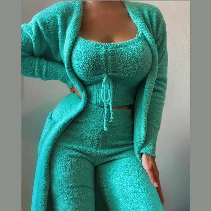Damen Fleece 3-teilig Teddy Loungewear Spaghettiträger Crop Tank Weite Lange Hosen Flauschiger Kimono Gemütliches Pyjama-Set Damen Hosenanzug M grün von Joom DACH