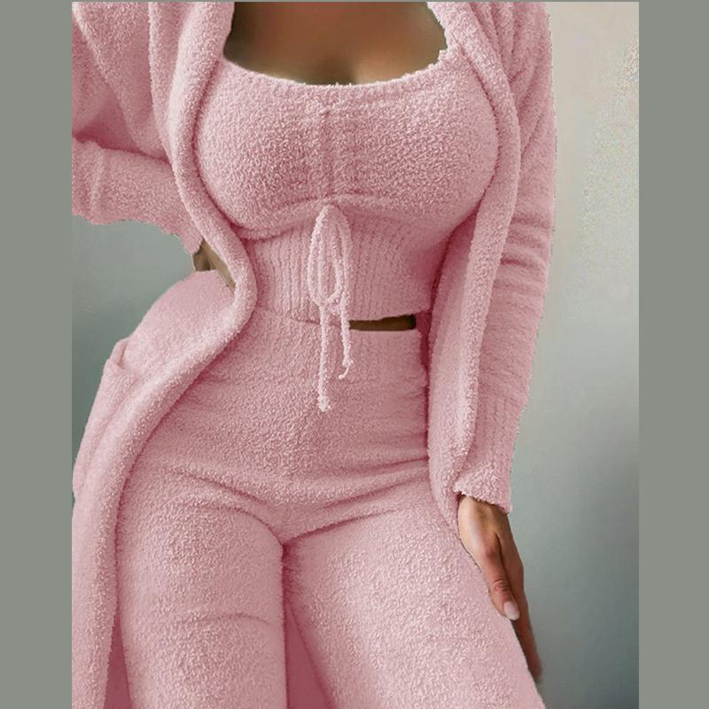 Damen Fleece 3-teilig Teddy Loungewear Spaghettiträger Crop Tank Weite Lange Hosen Flauschiger Kimono Gemütliches Pyjama-Set Damen Hosenanzug M rosa von Joom DACH