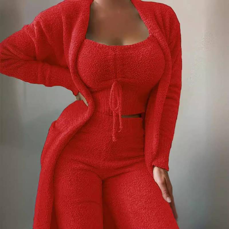 Damen Fleece 3-teilig Teddy Loungewear Spaghettiträger Crop Tank Weite Lange Hosen Flauschiger Kimono Gemütliches Pyjama-Set Damen Hosenanzug M rot von Joom DACH