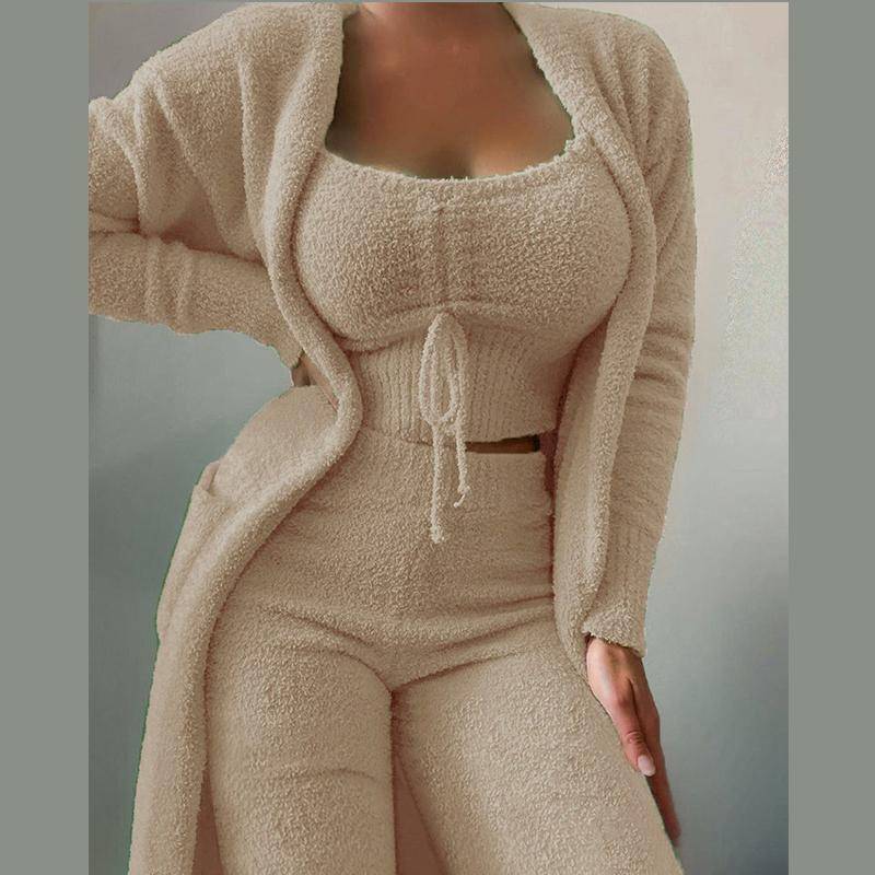 Damen Fleece 3-teilig Teddy Loungewear Spaghettiträger Crop Tank Weite Lange Hosen Flauschiger Kimono Gemütliches Pyjama-Set Damen Hosenanzug XL apricot von Joom DACH