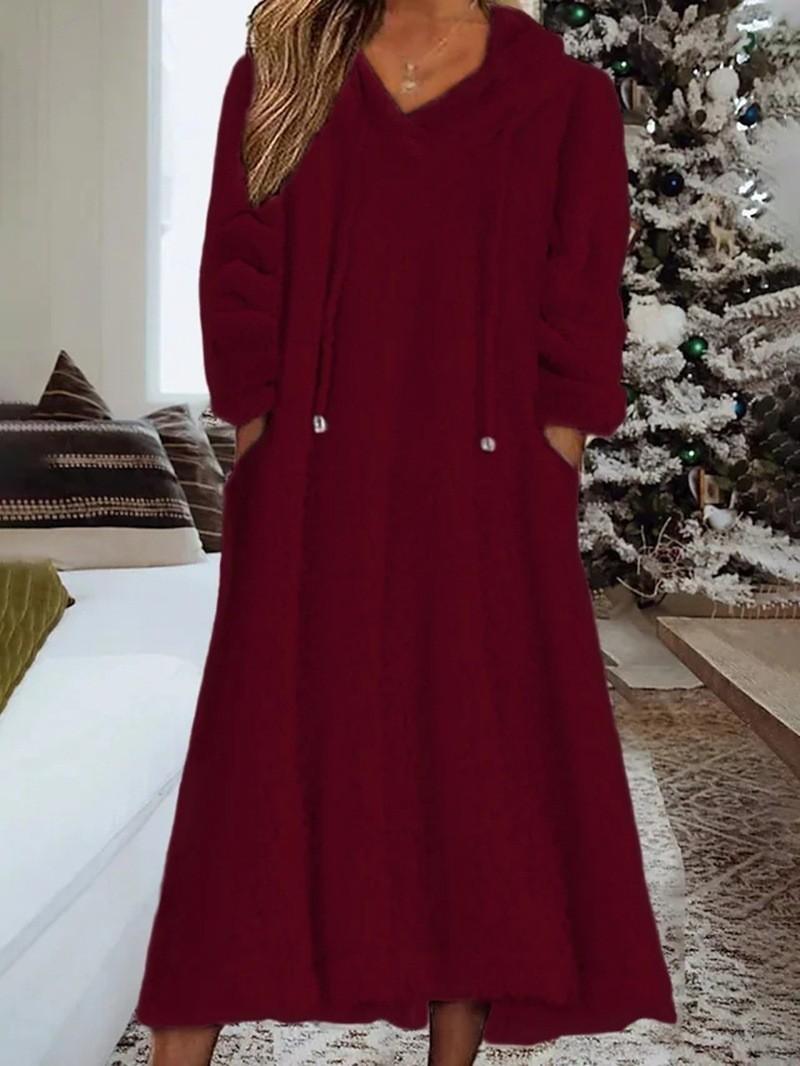 Damen Fleece Kapuzenkleid lang mit Taschen und Kordelzug, gemütliches Winter-Pulloverkleid in Weiß, Blau, Schwarz, Weinrot XXL bordeaux von Joom DACH