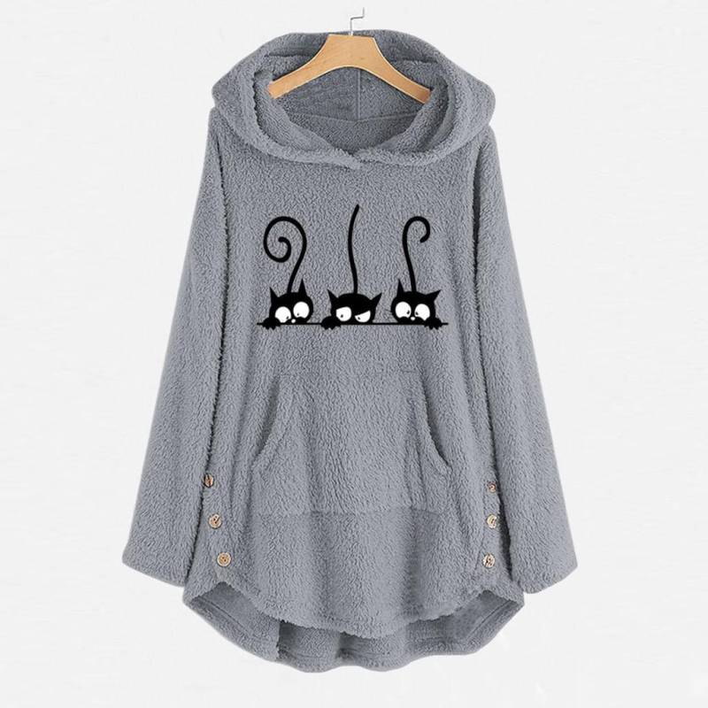 Damen Fleece-Pullover mit Katzenstickerei, Übergröße, warm, Kapuzenpullover, Knopfleiste XL grau Damen Fleece-Pullover mit Katzenstickerei, Übergröße, warm, Kapuzenpullover, Knopfleiste XL grau von Joom DACH