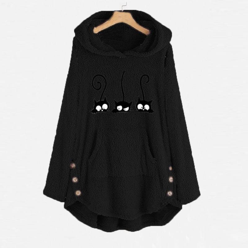 Damen Fleece-Pullover mit Katzenstickerei, Übergröße, warm, Kapuzenpullover, Knopfleiste XXXXL schwarz Damen Fleece-Pullover mit Katzenstickerei, Übergröße, warm, Kapuzenpullover, Knopfleiste XXXXL schwarz von Joom DACH