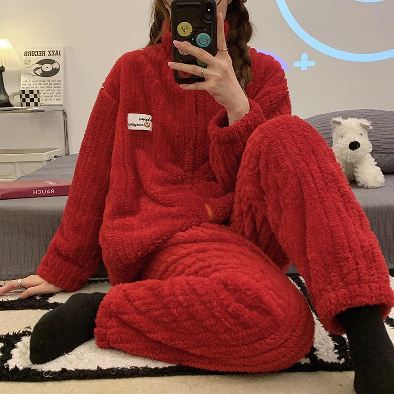 Damen Fleece-Pyjama-Set Winter Langarm Damen Pyjama 2-teiliges Set mit Hose Einfarbig Reißverschluss Pyjama-Set Damen-Hauskleidung M von Joom DACH