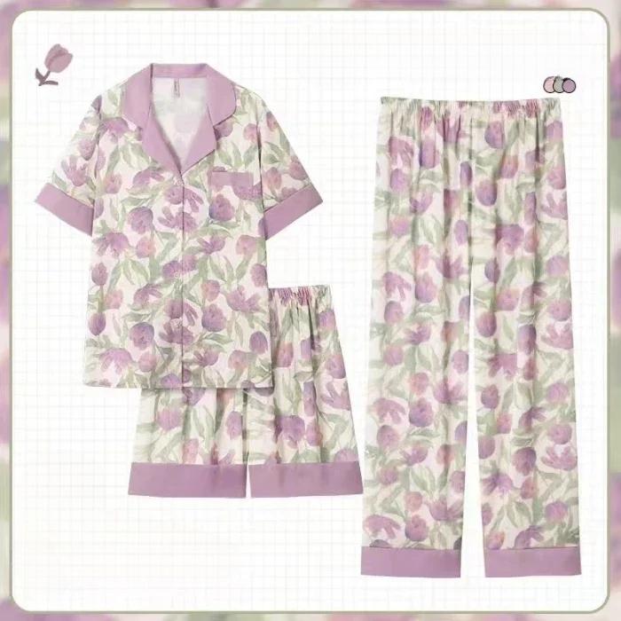 Damen Floral Pyjama Dreiteiliges Set Damen Sommer Damen Pyjama Set Homewear Kurzarm Oberteile Shorts Koreanischer Stil XXL von Joom DACH