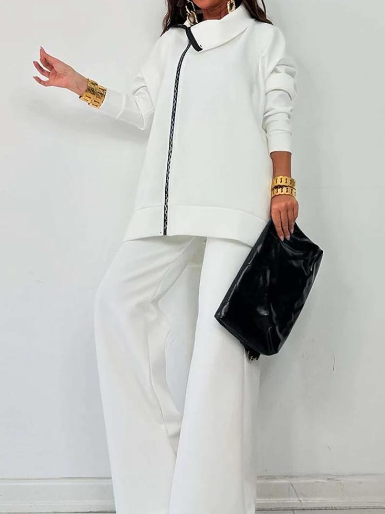 Damen Freizeit-Trainingsanzug-Set mit Reißverschluss, lockere Passform, Hose mit weitem Bein, Outfit in Grün, Braun, Blau, Schwarz, Weiß L weiß von Joom DACH