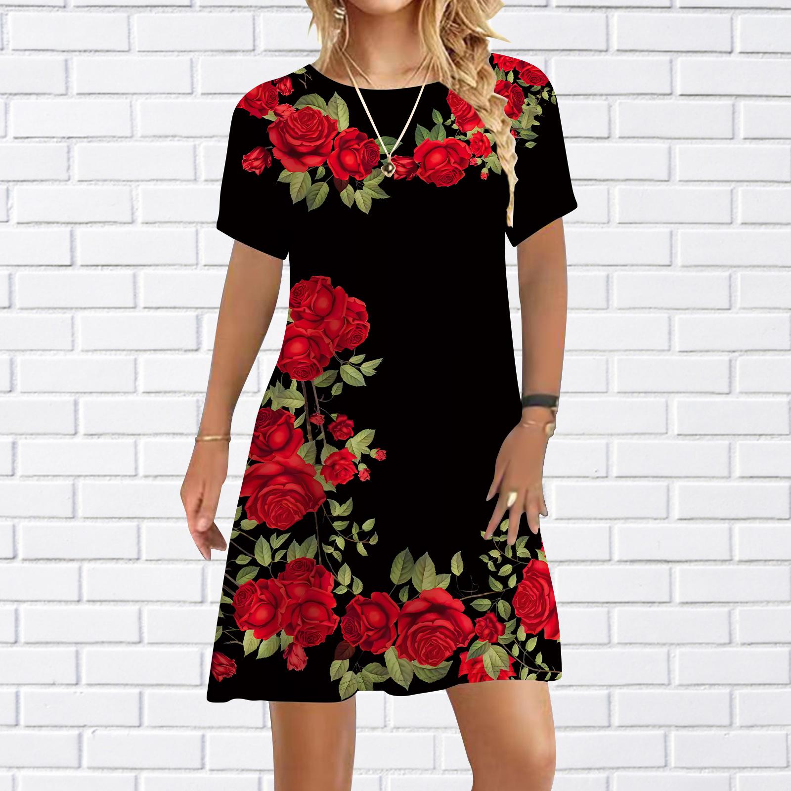 Damen Freizeitkleid Sommer Orange Rosen Print Kleider für Frauen O-Ausschnitt Kurzarm Kleid Plus Size 7XL schwarz von Joom DACH