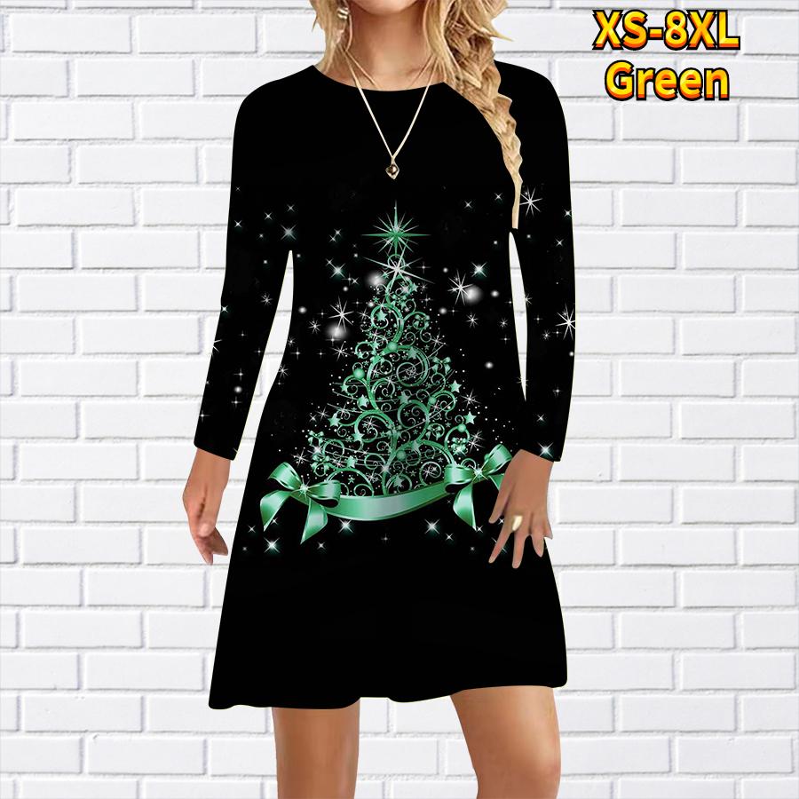 Damen Freizeitkleid mit Stern-Weihnachtsbaum-Print, Kleider für Damen, O-Ausschnitt, kurzärmelig, Übergröße 2XL grün von Joom DACH