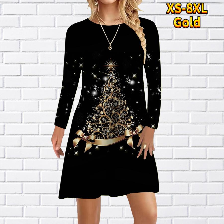 Damen Freizeitkleid mit Stern-Weihnachtsbaum-Print, Kleider für Damen, O-Ausschnitt, kurzärmelig, Übergröße 4XL gold von Joom DACH