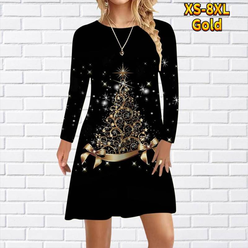 Damen Freizeitkleid mit Stern-Weihnachtsbaum-Print, Kleider für Damen, O-Ausschnitt, kurzärmelig, Übergröße 4XL gold von Joom DACH