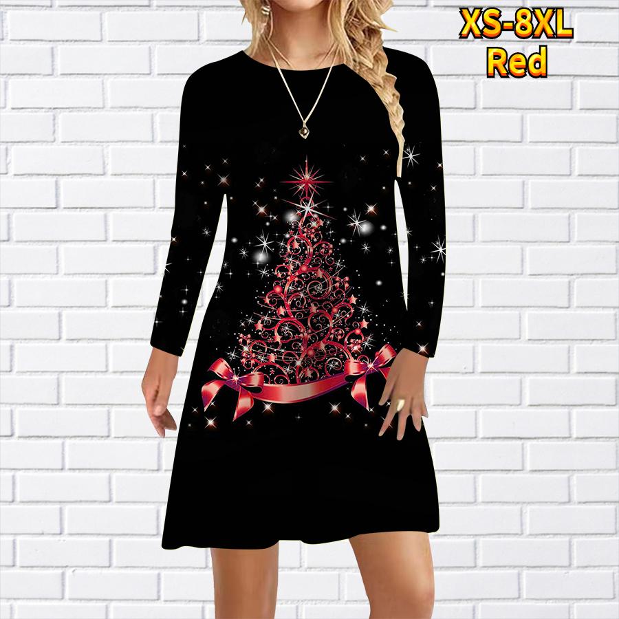 Damen Freizeitkleid mit Stern-Weihnachtsbaum-Print, Kleider für Damen, O-Ausschnitt, kurzärmelig, Übergröße L rot von Joom DACH